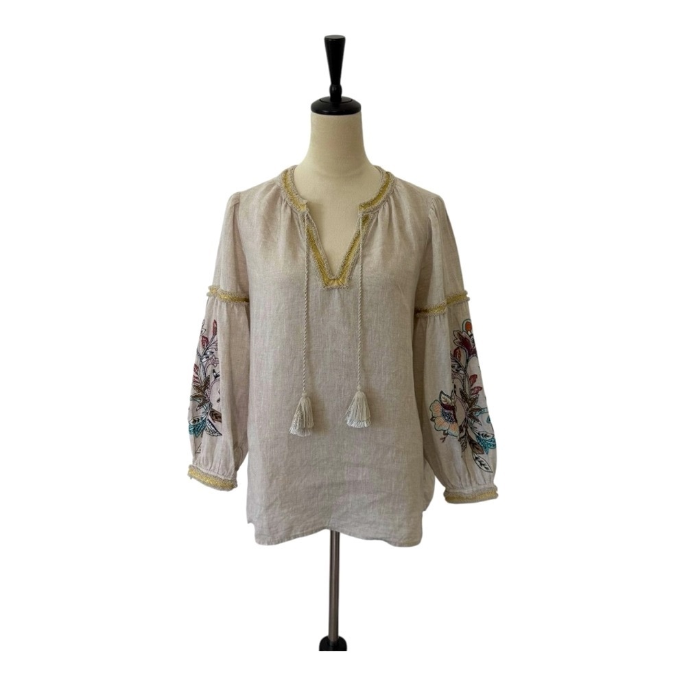 Chico's 100% Linen Puff Sleeve Floral Embroidered Flowy Boho Tunic Chicos 0 US 4